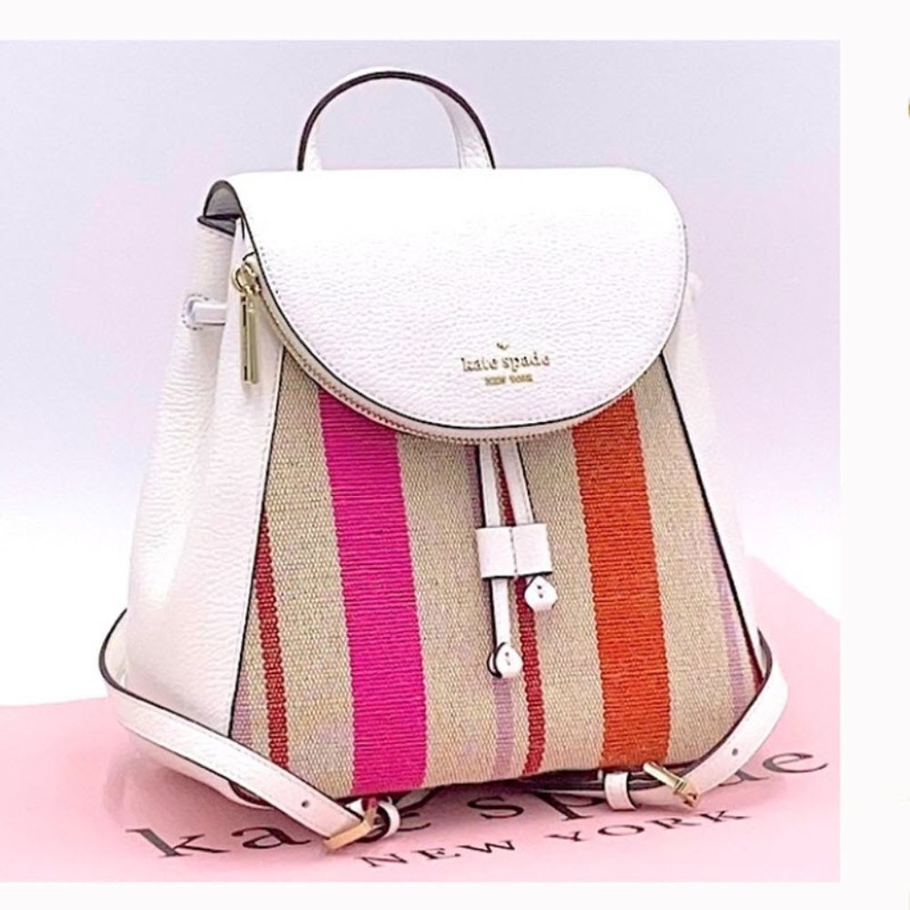 KATE SPADE LEILA CANVAS STRIPE FLAP BACKPACK